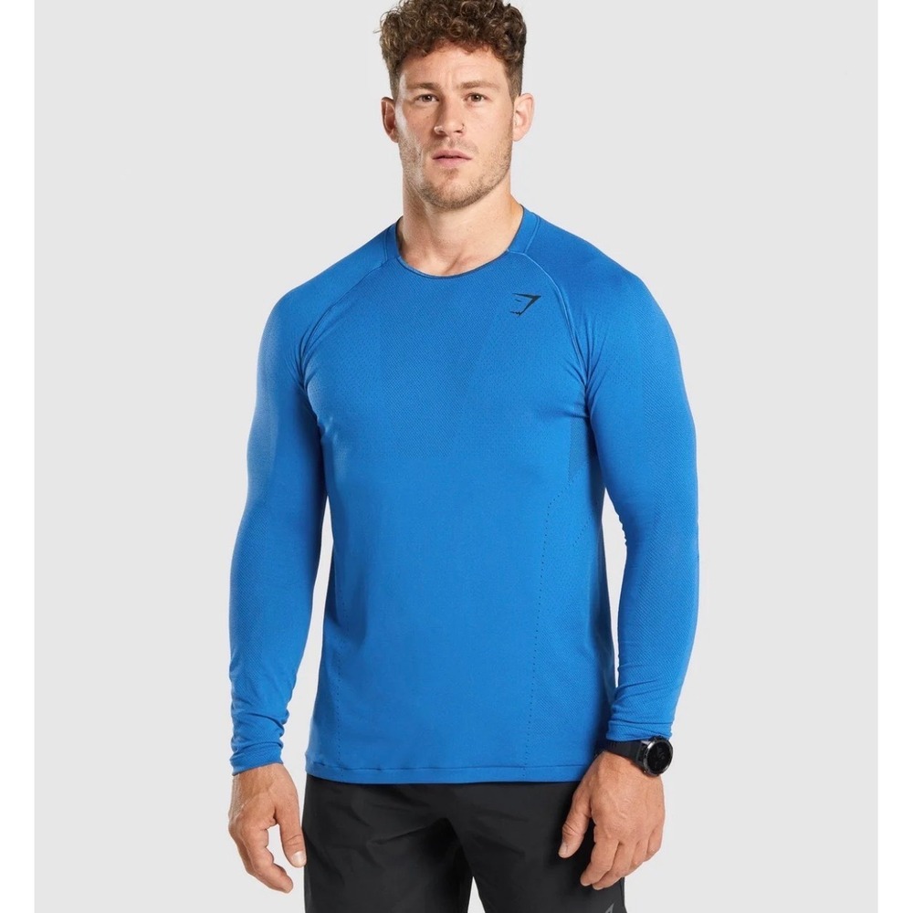 Gymshark Apex Seamless Long Sleeve T-Shirt Mens M Blue Mesh Vented Workout Gym